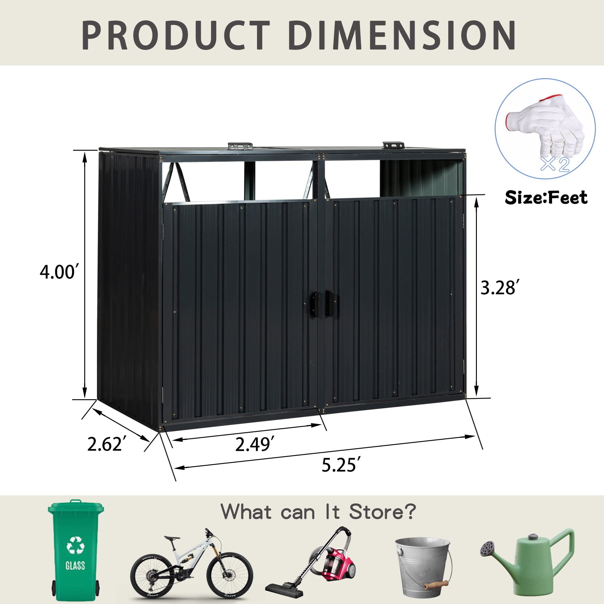 Outdoor Garbage Bin Storage Shed,Galvanized Steel Storage Shed with Lockable Doors,Perfect for Patio Storage of Trash Cans and Tools (Black-2)