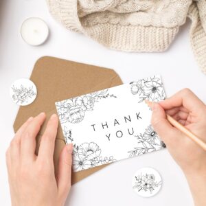 AnyDesign 32 Pack Floral Line Art Thank You Cards Black White Thank You Note Cards with Envelopes Stickers Minimalist Flower Blank Cards for Wedding Birthday Bridal Shower DIY Card Supplies