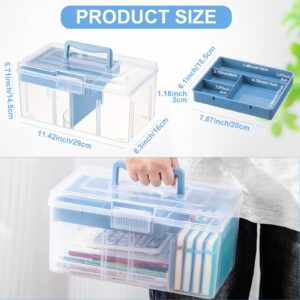 Leinuosen 2 Pcs 2 Layer Clear Plastic Dividing Storage Box with Removable Tray Multipurpose Stationery Storage Box with Handle Portable Sewing Box Transparent Case for Home, 11.42x6.3x5.71 In(Blue)