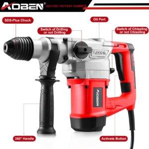 AOBEN 1-1/4 Inch SDS-Plus Rotary Hammer Drill with Vibration Control and Safety Clutch,10 Amp Heavy Duty Demolition Hammer for Concrete-Including 3 Drill Bits, Flat Chisels, Point Chisels