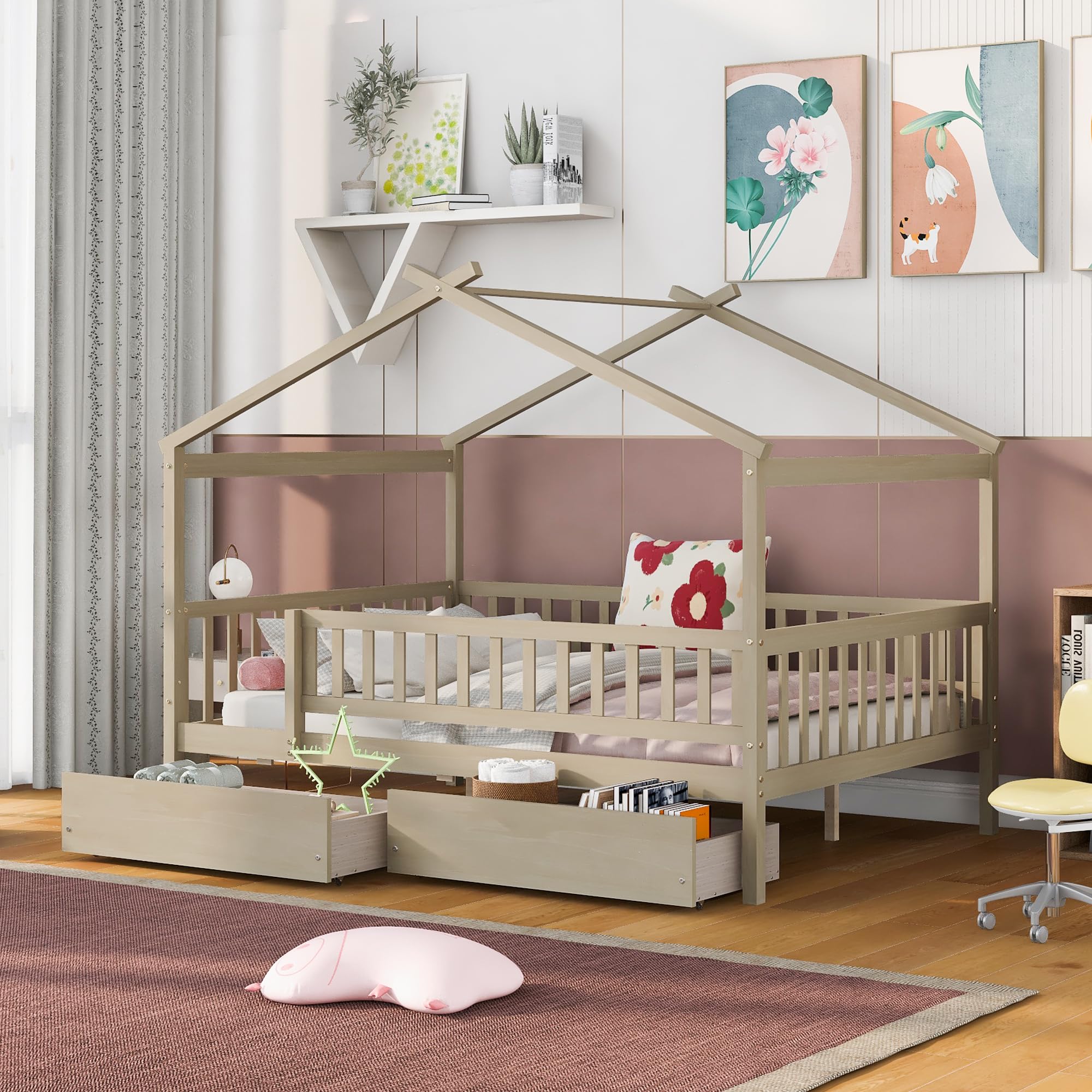 House Bed with Fence Storage, Full Size Montessori Style Beds with Railings and 2 Drawers, Wooden Playhouse Bed Frame for Kids Girls Boys, Natural