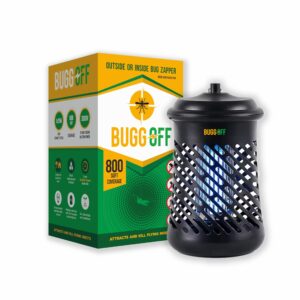 buggoff outdoor electric bug zapper, 800 sqft coverage, 3500 volts of power, 20 watts, kills mosquitos gnats, flys & more. damp rated, unique 360 degree design, 5 year warranty, (1pack)