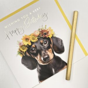 Old English Co. Daschund Dog Very Happy Birthday Card for Her - Cute Daschund Floral Birthday Card for Women - Cute Birthday Cards for Sister, Mum, Daughter, Friend | Blank Inside with Envelope…