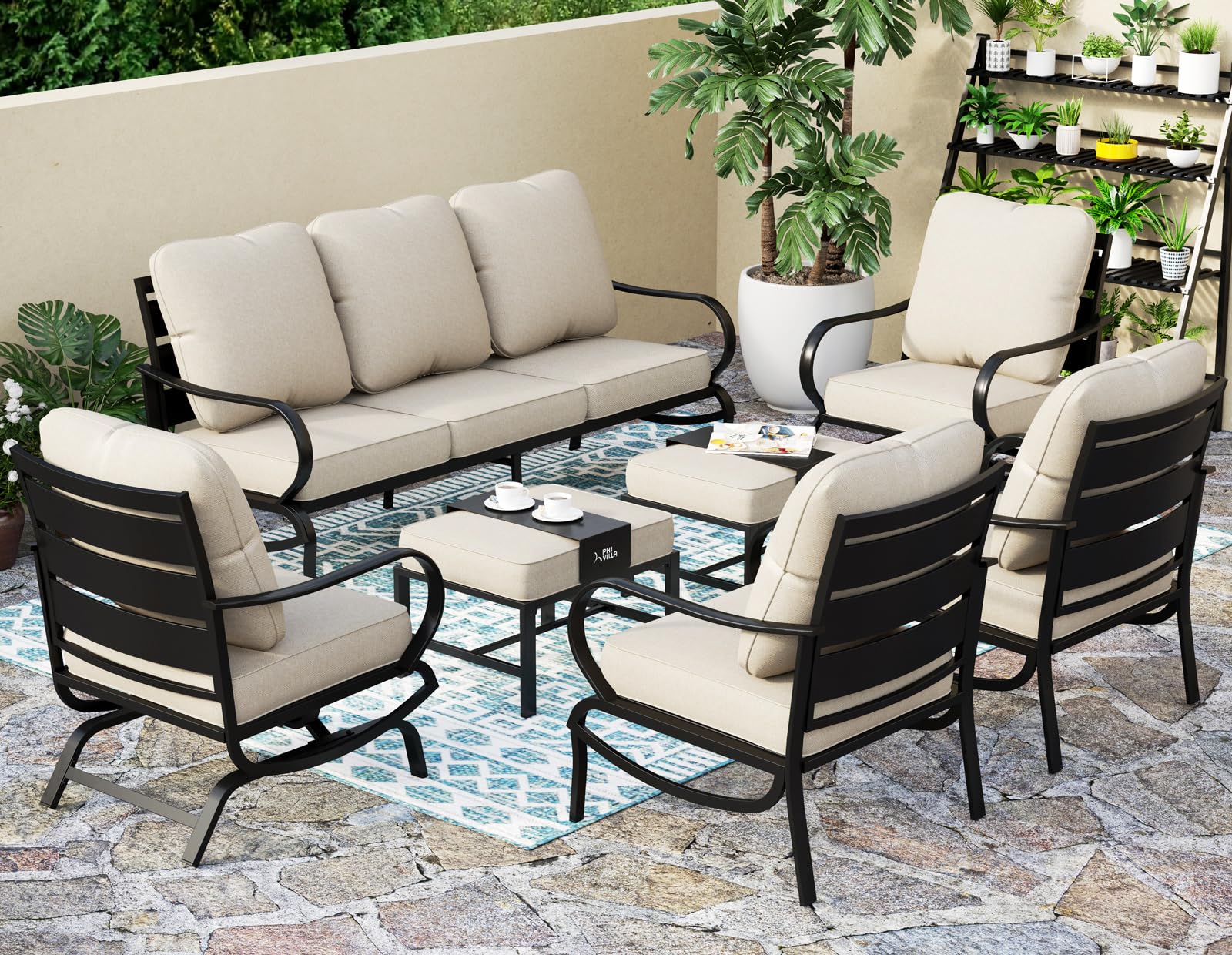 PHI VILLA Patio Conversation Set for 2, Deluxe Outdoor Patio Set with 2 C-Base Padded Sofa Chair