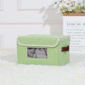 ANMINY 2 PCS Fabric Storage Bins with Lid PU Leather Handles Clear Window Washable PP Plastic Board Decorative Foldable Lidded Cotton Linen Storage Boxes Baskets Closet Organizer - Green, Small Size