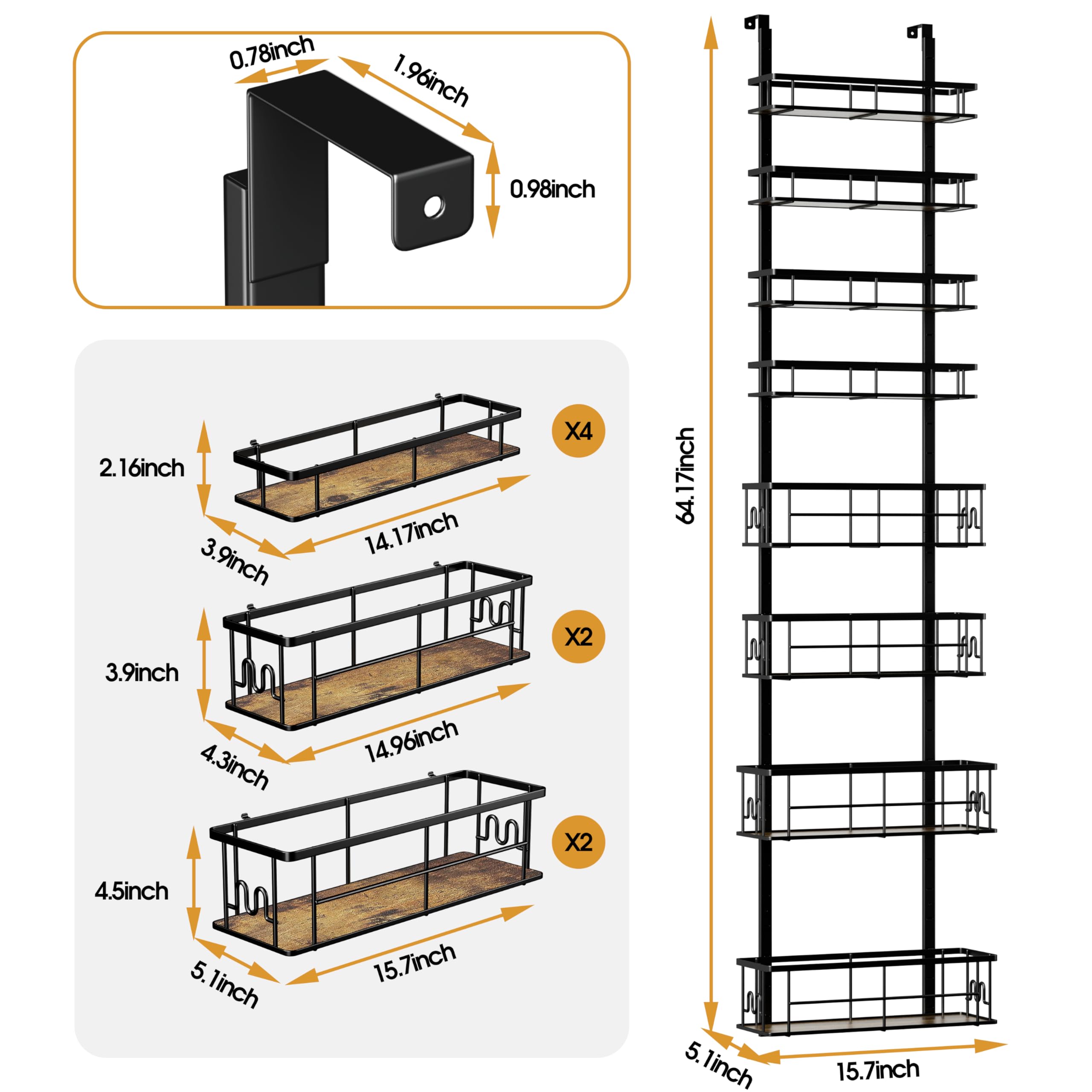 Highpro Over the Door Spice Rack Organizer Pantry, 8-Tier Hanging Pantry Door Storage with Detachable Metal Baskets & Wooden Boards for Kitchen, Bathroom, and Closet Organization