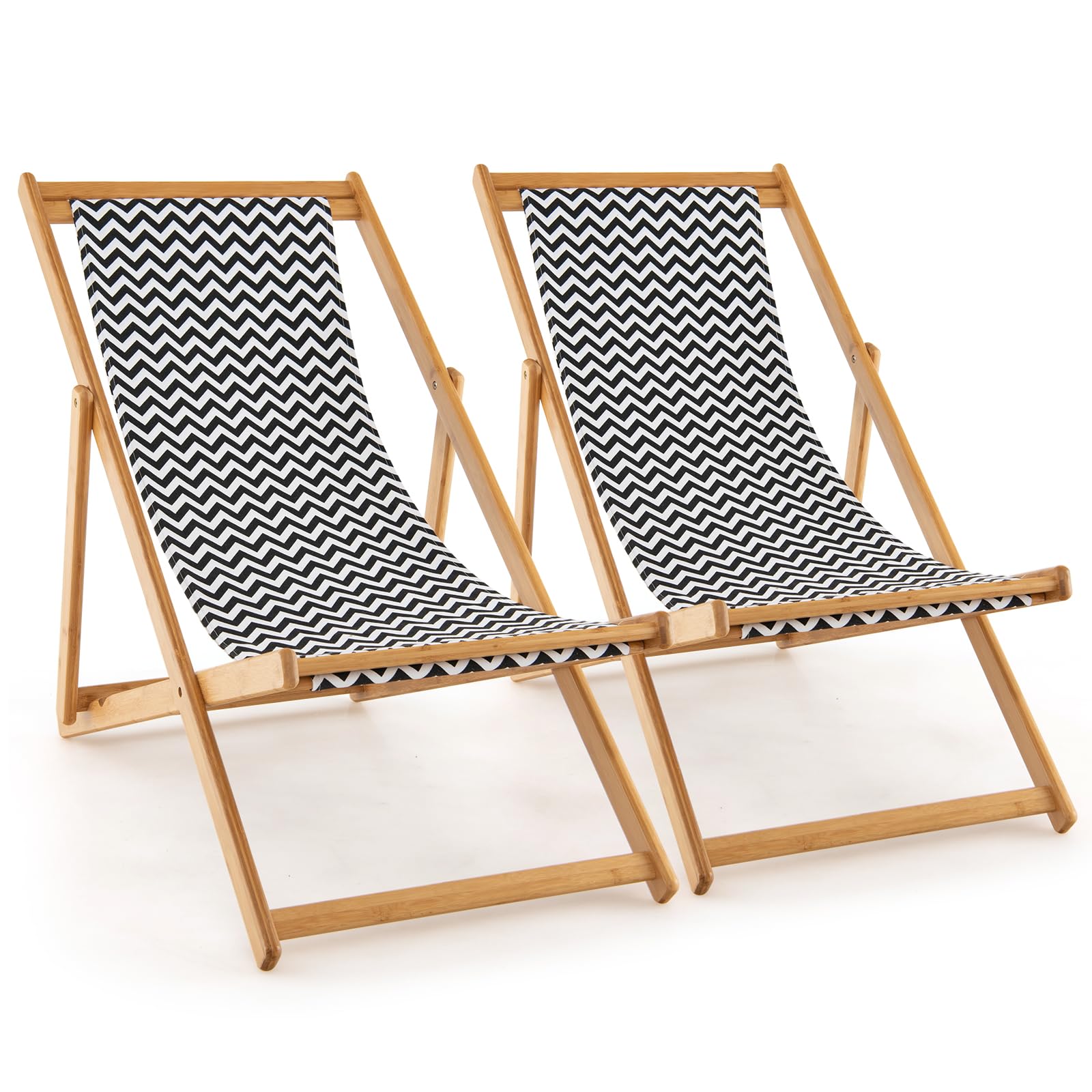 Tangkula Set of 2 Sling Chair Outdoor, Patio Deck Chair with Solid Bamboo Frame & Breathable Canvas Seat, 3 Adjustable Positions, Portable Folding Beach Chair for Porch, Poolside, Balcony, Garden