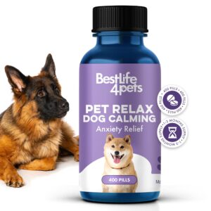 pet relax dog calming anxiety relief - long-lasting dog relaxants for stress relief, natural solution for separation anxiety, travel, thunderstorms, and fireworks - 400 odorless, tasteless pills