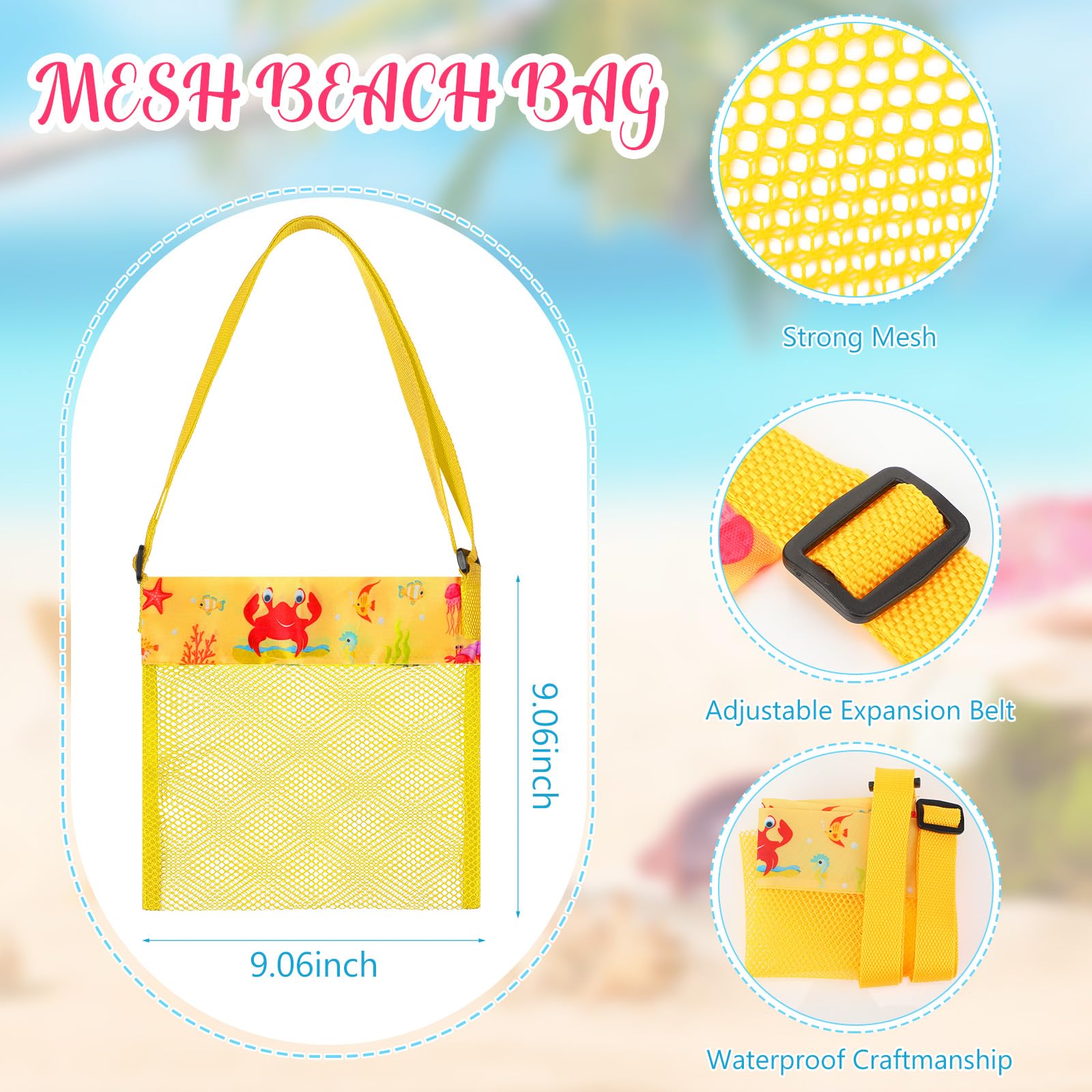 Saintrygo 30 Set Mesh Beach Bag Bulk Colorful Seashell Collecting Shell Bag Adjustable Carrying Strap for Kids (Cute Style)