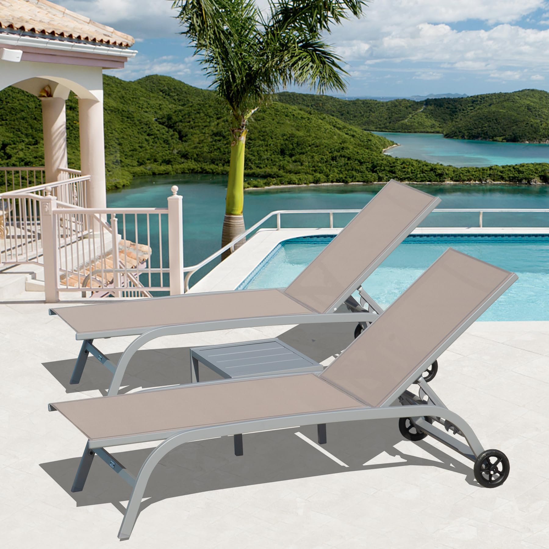 Domi Pool Lounge Chairs Set of 3, Adjustable Aluminum Outdoor Chaise Lounge with Wheels Patio Lounge Chairs with Side Table, All Weather for Deck Lawn Poolside Backyard-Khaki Textilene