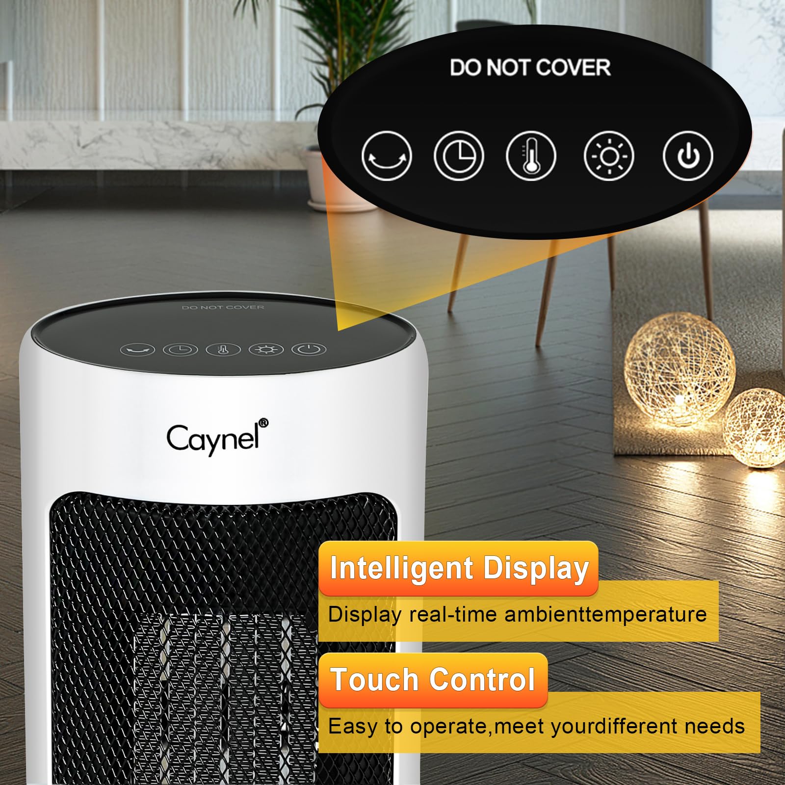 CAYNEL Home Oscillating Tower Ceramic Heater with Adjustable Thermostat, 12-Hour Timer and Safety Lock, Tip-Off Switch and Overheat Protection for Home and Home Office Areas, White