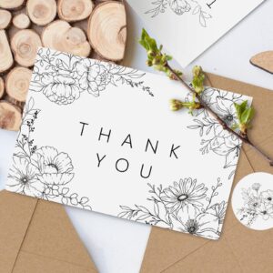 AnyDesign 32 Pack Floral Line Art Thank You Cards Black White Thank You Note Cards with Envelopes Stickers Minimalist Flower Blank Cards for Wedding Birthday Bridal Shower DIY Card Supplies