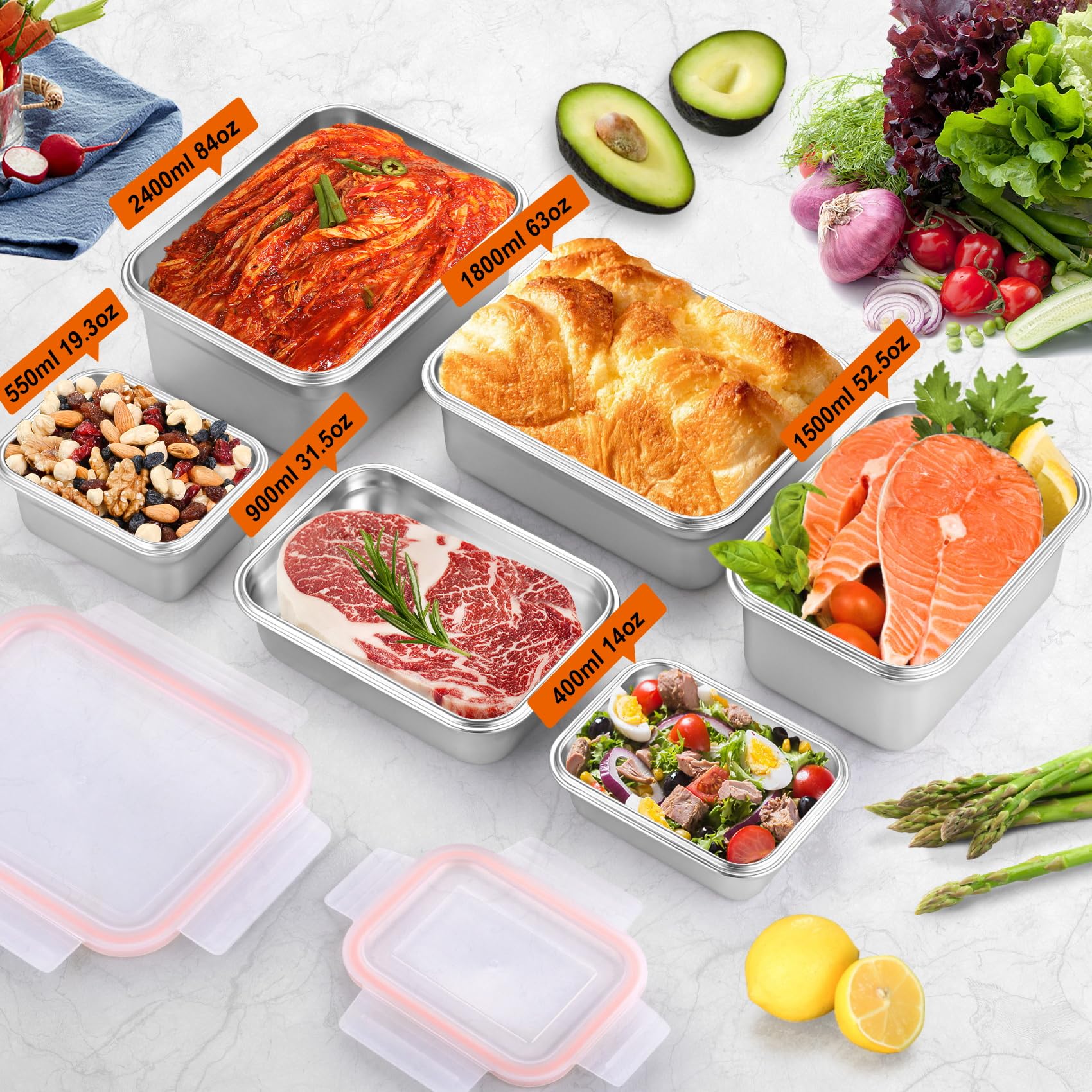 Cykorxicc 6pcs Large Stainless Steel Food Containers with Lids, Leakproof Meal Prep Containers, Airtight Kimchi Containers Reusable, Stackable/Oven/Dishwsher/Freezer Safe