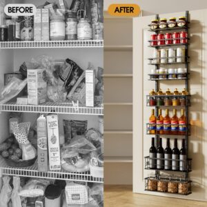 Highpro Over the Door Spice Rack Organizer Pantry, 8-Tier Hanging Pantry Door Storage with Detachable Metal Baskets & Wooden Boards for Kitchen, Bathroom, and Closet Organization