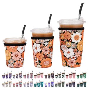 cavllson 3 pack reusable insulated neoprene iced coffee beverage sleeves cold drink cup holder for starbucks coffee, mccafe, dunkin donuts, tim hortons and more, bohemian-3 pack