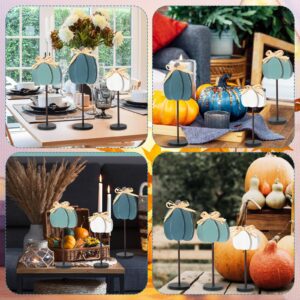 Thyle 3 Pcs Thanksgiving Pumpkin Table Centerpieces Wood Fall Table Decorations for Home Thanksgiving Tall Standing Block Autumn Harvest Sign with Bow for Home Decor(Blue, Light Blue, Grayish White)