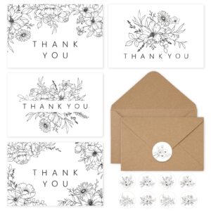 anydesign 32 pack floral line art thank you cards black white thank you note cards with envelopes stickers minimalist flower blank cards for wedding birthday bridal shower diy card supplies