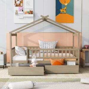 House Bed with Fence Storage, Twin Size Montessori Style Beds with Railings and 2 Drawers, Wooden Playhouse Bed Frame for Kids Girls Boys, Natural