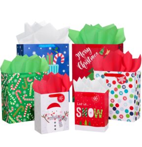 suncolor pack of 12 christmas gift bags assorted sizes with tissue paper (4 extra large 16", 4 large 12", 4 medium 9")