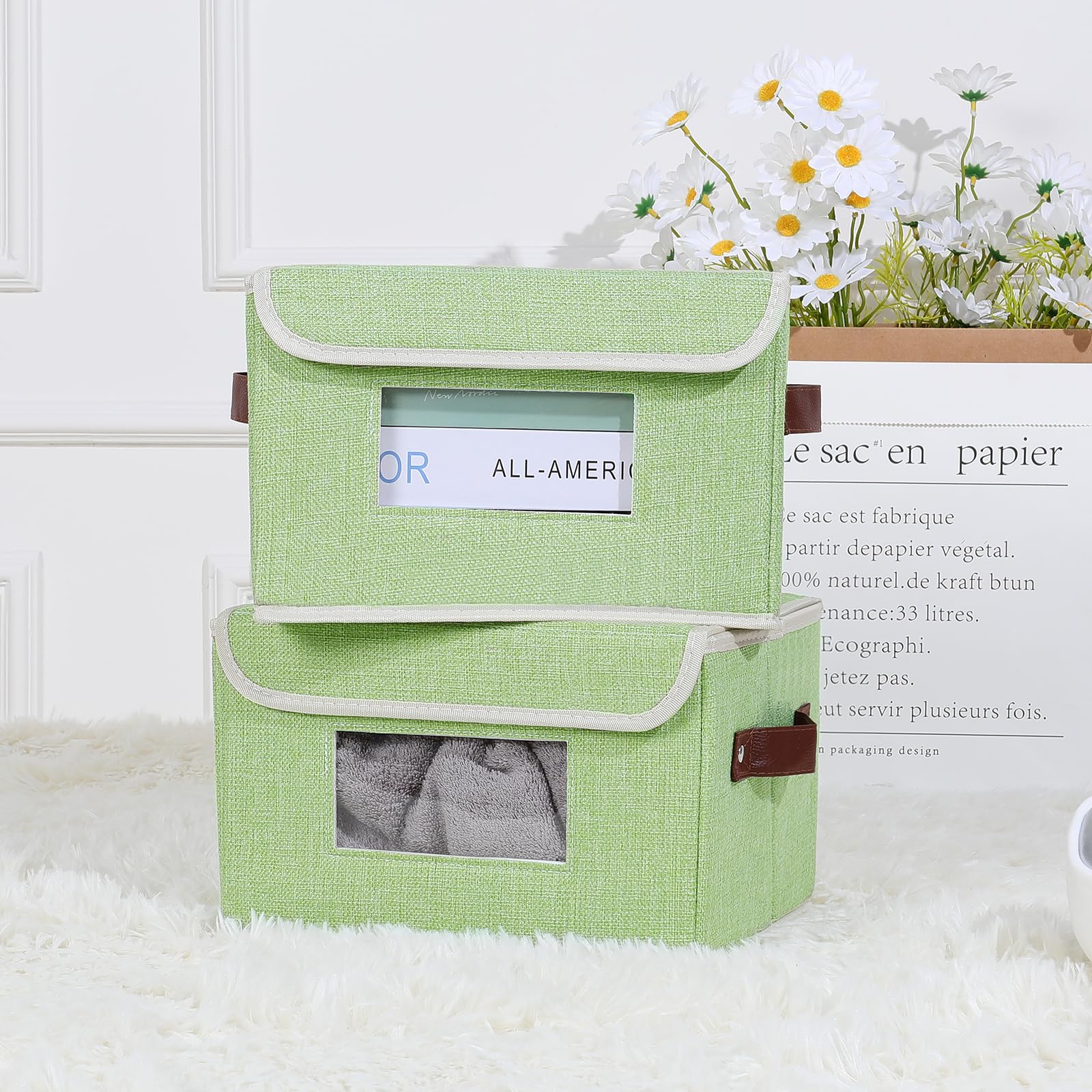 ANMINY 2 PCS Fabric Storage Bins with Lid PU Leather Handles Clear Window Washable PP Plastic Board Decorative Foldable Lidded Cotton Linen Storage Boxes Baskets Closet Organizer - Green, Small Size