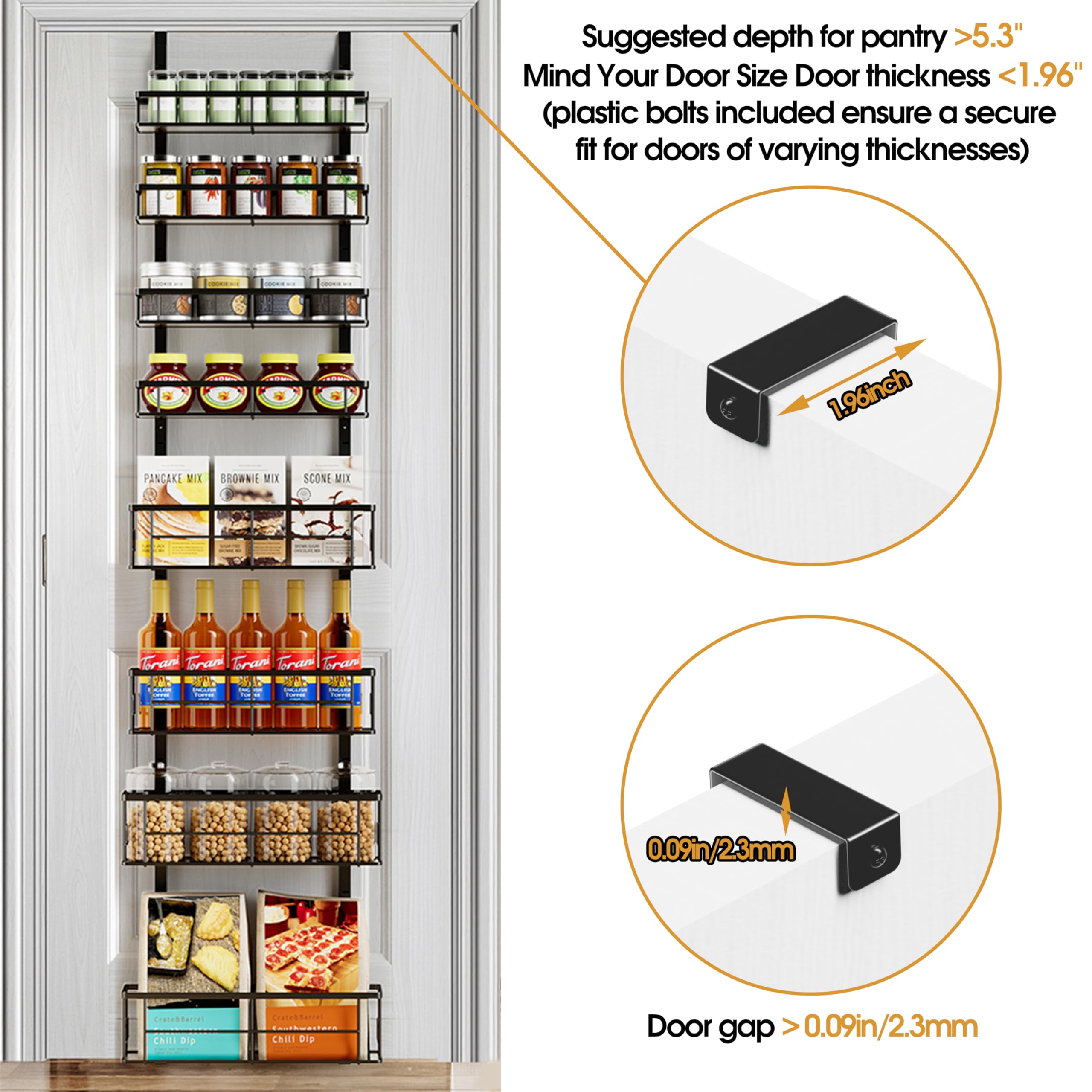 Highpro Over the Door Spice Rack Organizer Pantry, 8-Tier Hanging Pantry Door Storage with Detachable Metal Baskets & Wooden Boards for Kitchen, Bathroom, and Closet Organization