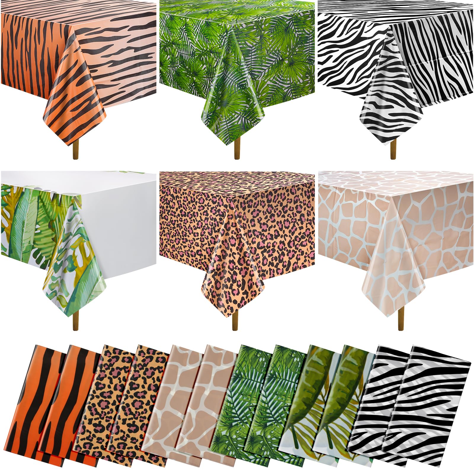 12Pack Animal Safari Tablecloth Jungle Animal Zoo Theme Party Table Cloth Leopard Tiger Zebra Giraffe Palm Leaf Print Table Cover for Jungle Safari Birthday Baby Shower Party Decorations (Six Styles)