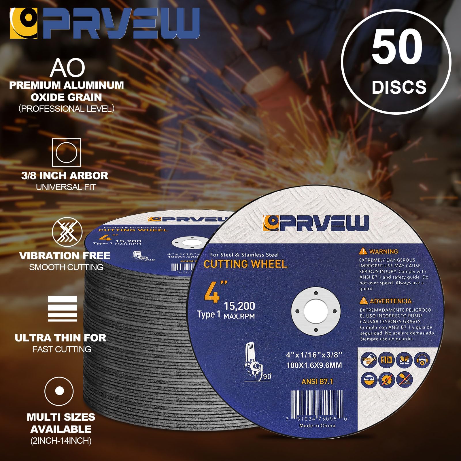 PRVEW 50-Pack 4 Inch Cut Off Wheels,4 x1/16x3/8 Inch Quality Cutting Disc,Metal & Stainless Steel Aggressive Cutting Wheel for Angle Grinder, General Purpose Metal Cut-Off Wheel