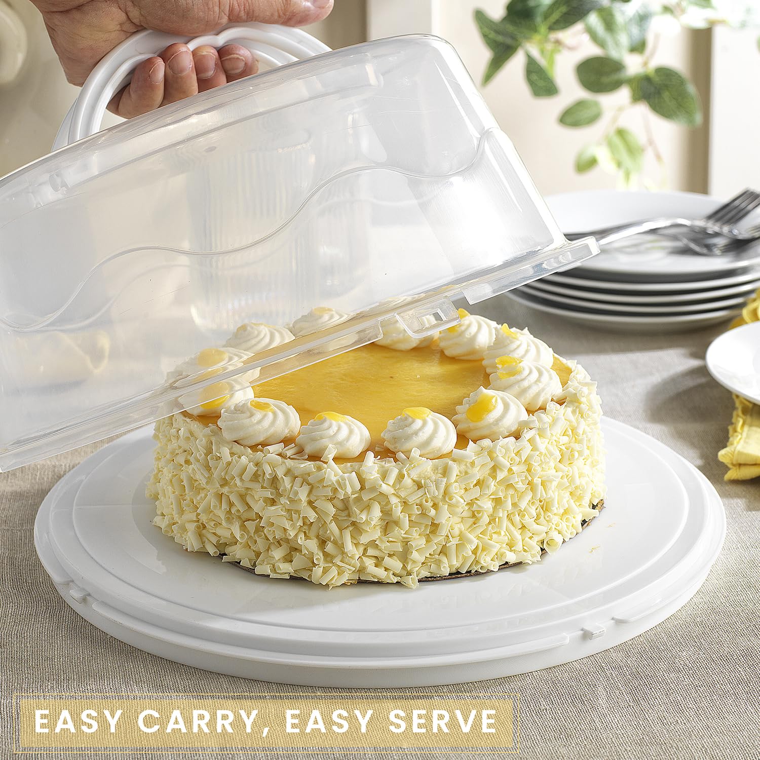 MosJos Round Cake Carrier, BPA-Free Plastic Cake Keeper with Lid, Fits 10” Cakes, Two Secure Side Closures, Dishwasher Safe Cake Transport Container (White -)