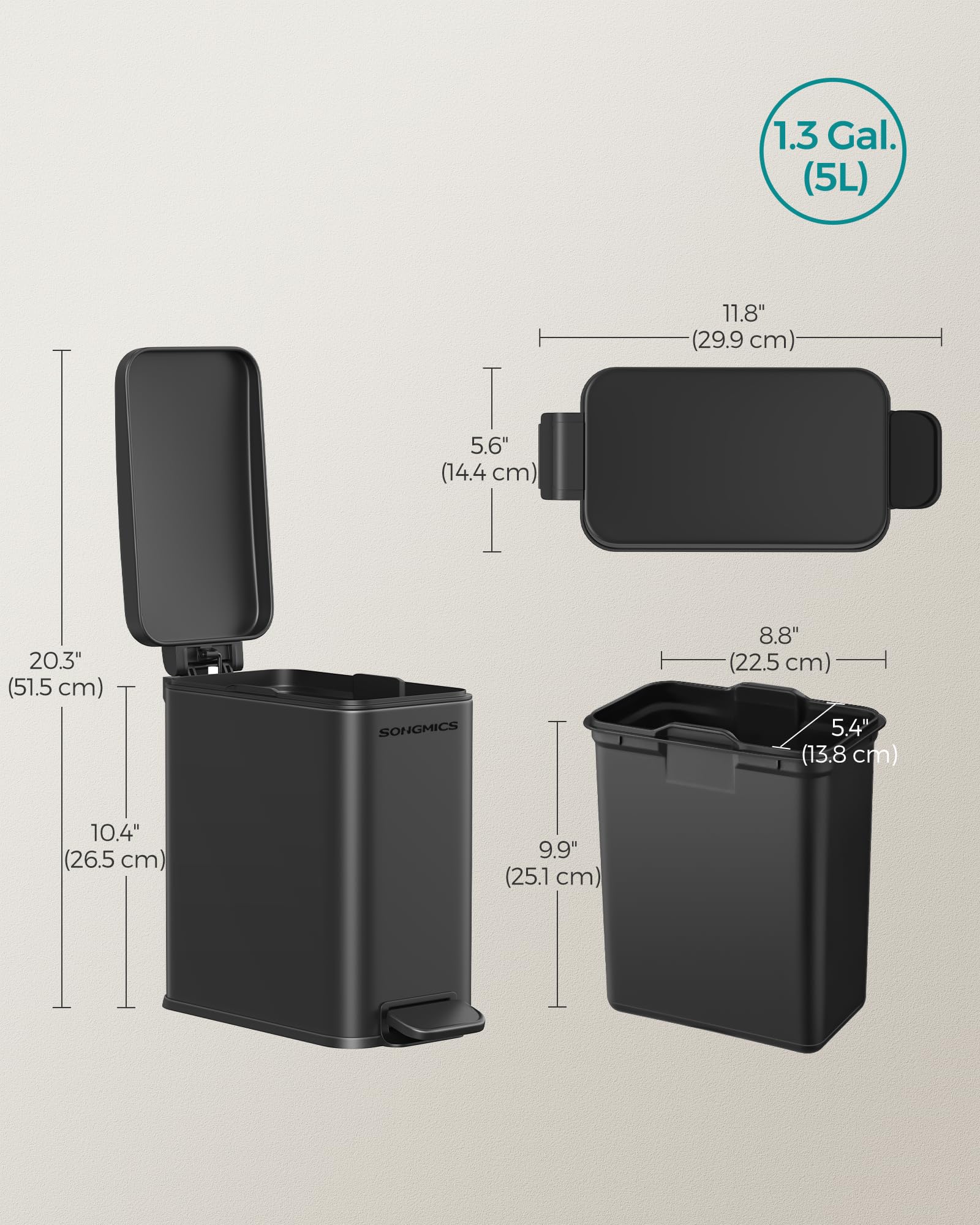 SONGMICS Bathroom Trash Can, 1.3 Gallon (5 L) Small Trash Bin with Lid, Slim for Small Spaces, Stainless Steel Garbage Can, Soft Close, Black ULTB560B05