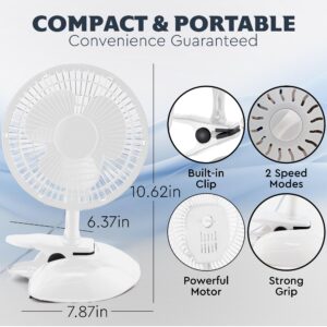 RamPro Clip on Fan & Desk Fan, Small Clip Fan with Sturdy Clamp, 6 Inch Portable Clip on Fan Plug-In Quiet Personal Cooling Bed Fan for Home, Camping, 2 Speed Clip Fans with Adjustable Tilt, White