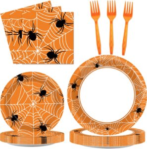 100 pcs halloween spider web party plates and napkins party supplies spiderweb party tableware set black and white halloween party decorations favors for halloween theme party serves 25