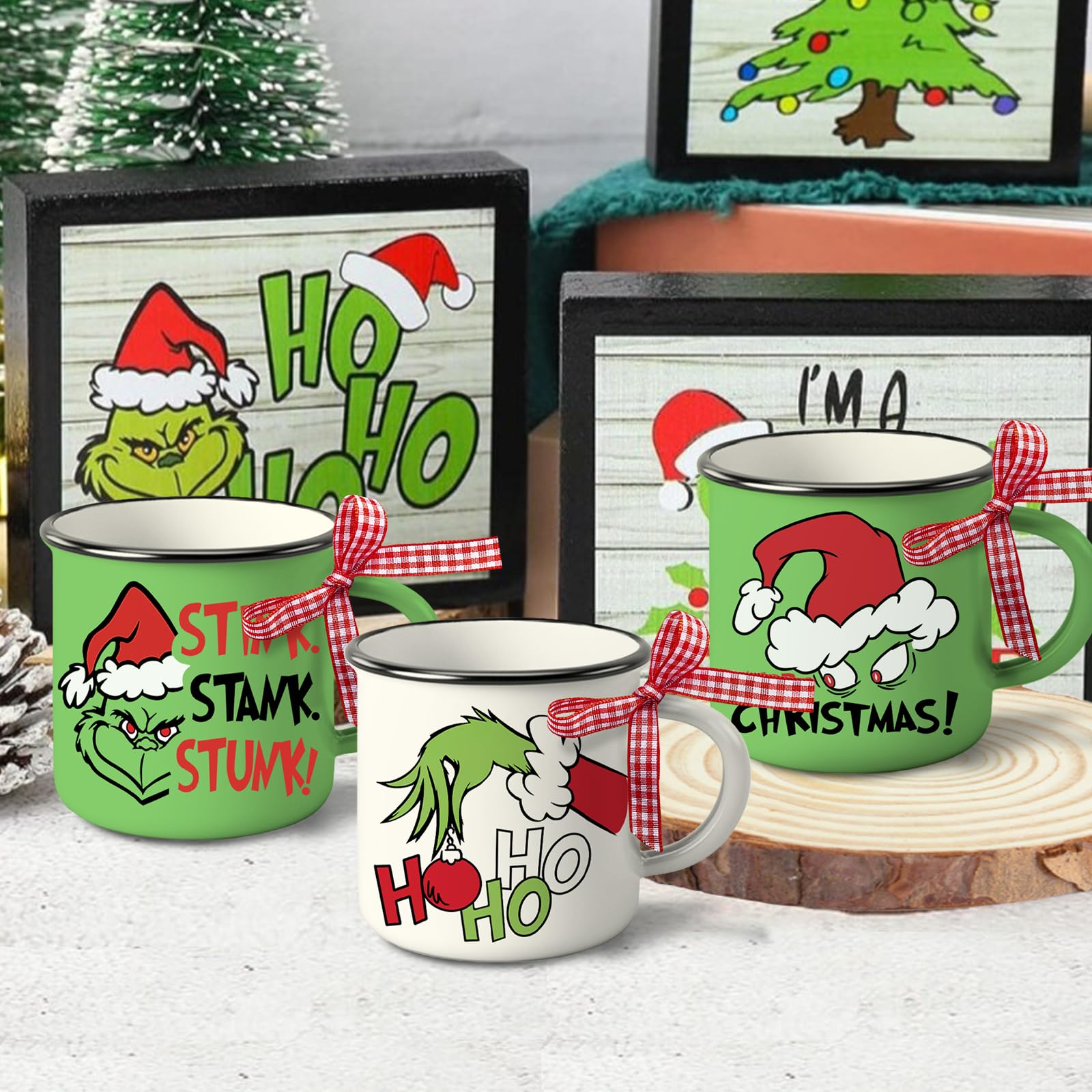 Paayna Merry Christmas Mini Coffee Mug Set of 3, Xmas Stink Stank Stunk Santa Hat Green 5 oz Mini Coffee Cups Tiered Tray Decor, Hohoho Funny Holiday Kitchen Coffee Bar Decorations Housewarming Gift