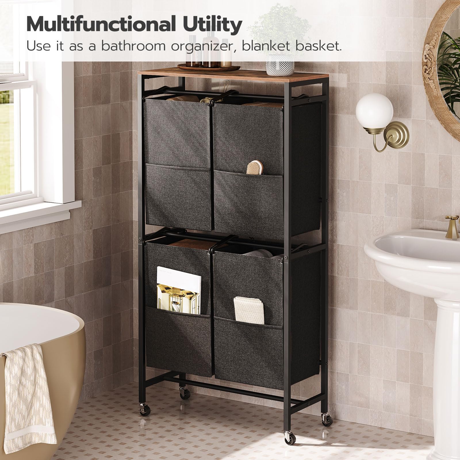 HOOBRO Rolling Laundry Sorter 4 Sections, 2 Tier Vertical Laundry Hamper with Wheels, 52 Gal (198L), Laundry Baskets for Laundry Room, Bedroom, Bathroom, Cloakroom, Rustic Brown and Black BF71XY01