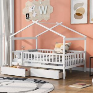 house bed with fence storage, full size montessori style beds with railings and 2 drawers, wooden playhouse bed frame for kids girls boys, white