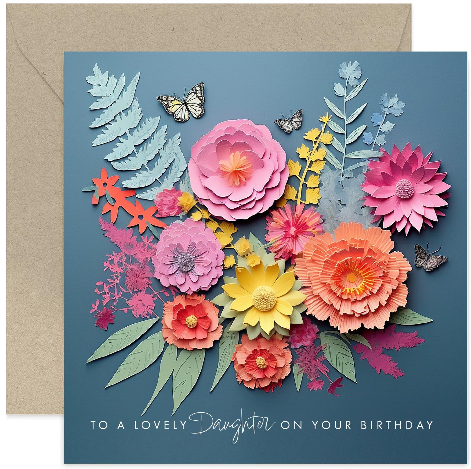 Old English Company Lovely Daughter Birthday Card - Dark Flower Bunch and Butterfly Outline Artwork, Blank Inside