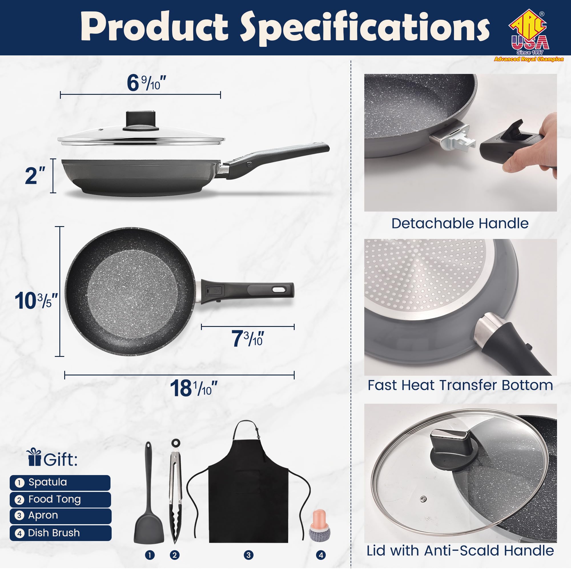 ARC Nonstick Frying Pan Skillet With Removable Handle,10 Inch Skillet with Lid Egg Pan Non Stick Saute Pan, Oven and Dishwasher Safe, PFOA Free Cookware Cooking Pan For Induction Cooktops