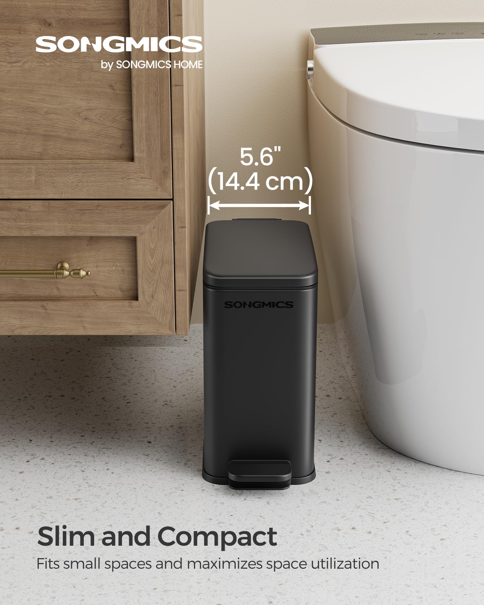 SONGMICS Bathroom Trash Can, 1.3 Gallon (5 L) Small Trash Bin with Lid, Slim for Small Spaces, Stainless Steel Garbage Can, Soft Close, Black ULTB560B05