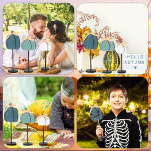 Thyle 3 Pcs Thanksgiving Pumpkin Table Centerpieces Wood Fall Table Decorations for Home Thanksgiving Tall Standing Block Autumn Harvest Sign with Bow for Home Decor(Blue, Light Blue, Grayish White)