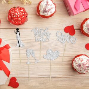 30Pcs Bride to Be Cupcake Toppers with Glitter Love Heart Ring Champagne Bridal Shower Cupcake Picks Decoration for Wedding Engagement Bachelorette Party Supplies Silver