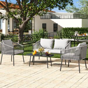 YITAHOME 4-Piece Patio Furniture Outdoor Bistro Set, All Weather Double Gray Rope Conversation Loveseat for Backyard, Balcony, Deck with Soft Cushions and Metal Table (Gray)