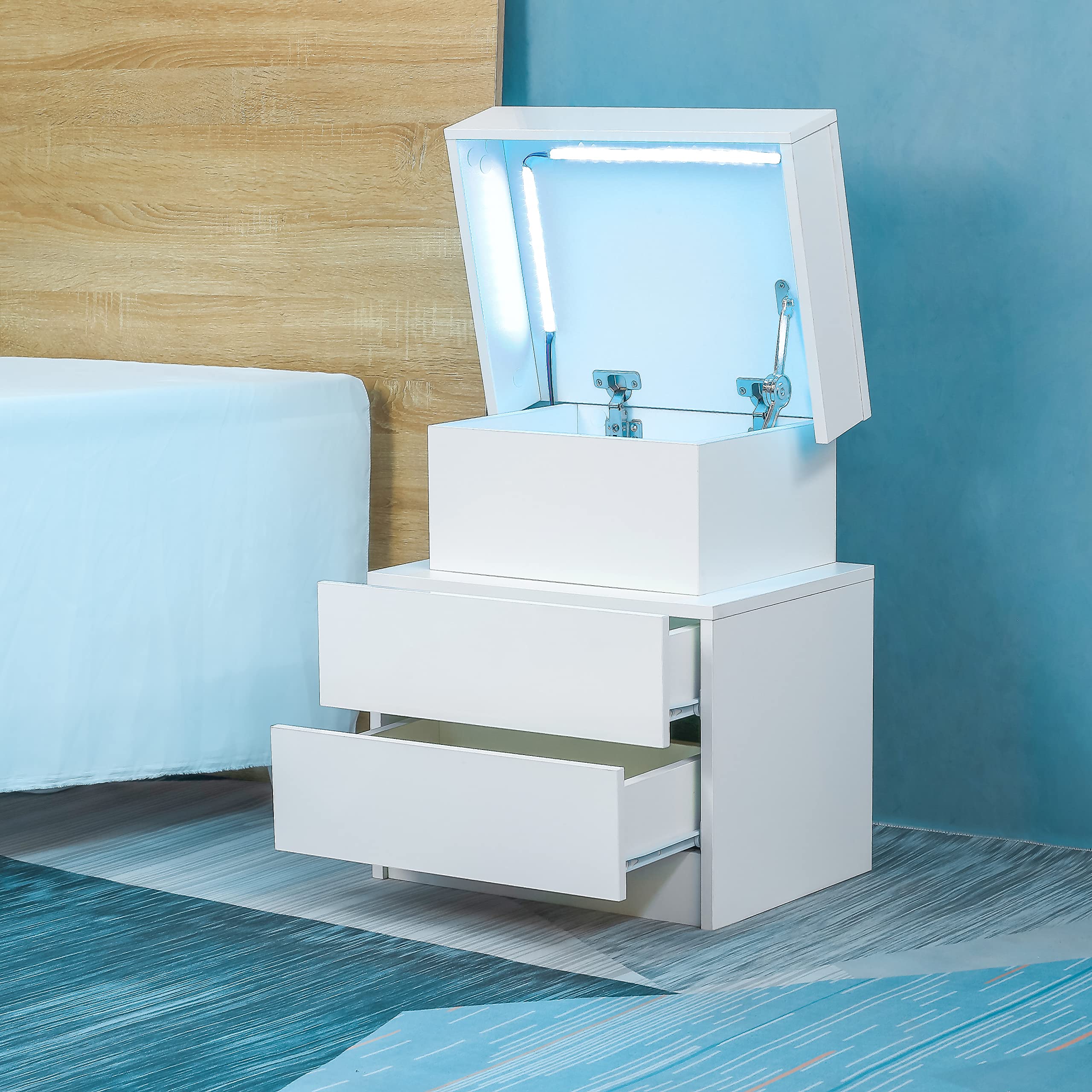 LED Nightstand Modern White Nightstand with Led Lights Wood Led Bedside Table Nightstand with 2 High Gloss Drawers for Bedroom (White)