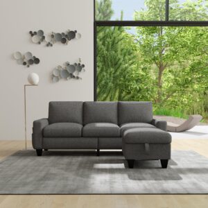 Sectional Sofa L-Shaped Couch, Couches for Living Room with Reversible Storage Chaise & Side Storage Pockets, 3-Seat Linen Modular Sofa for Living Room/Apartment/Dorm/Office/Small Space (Dark Gray)