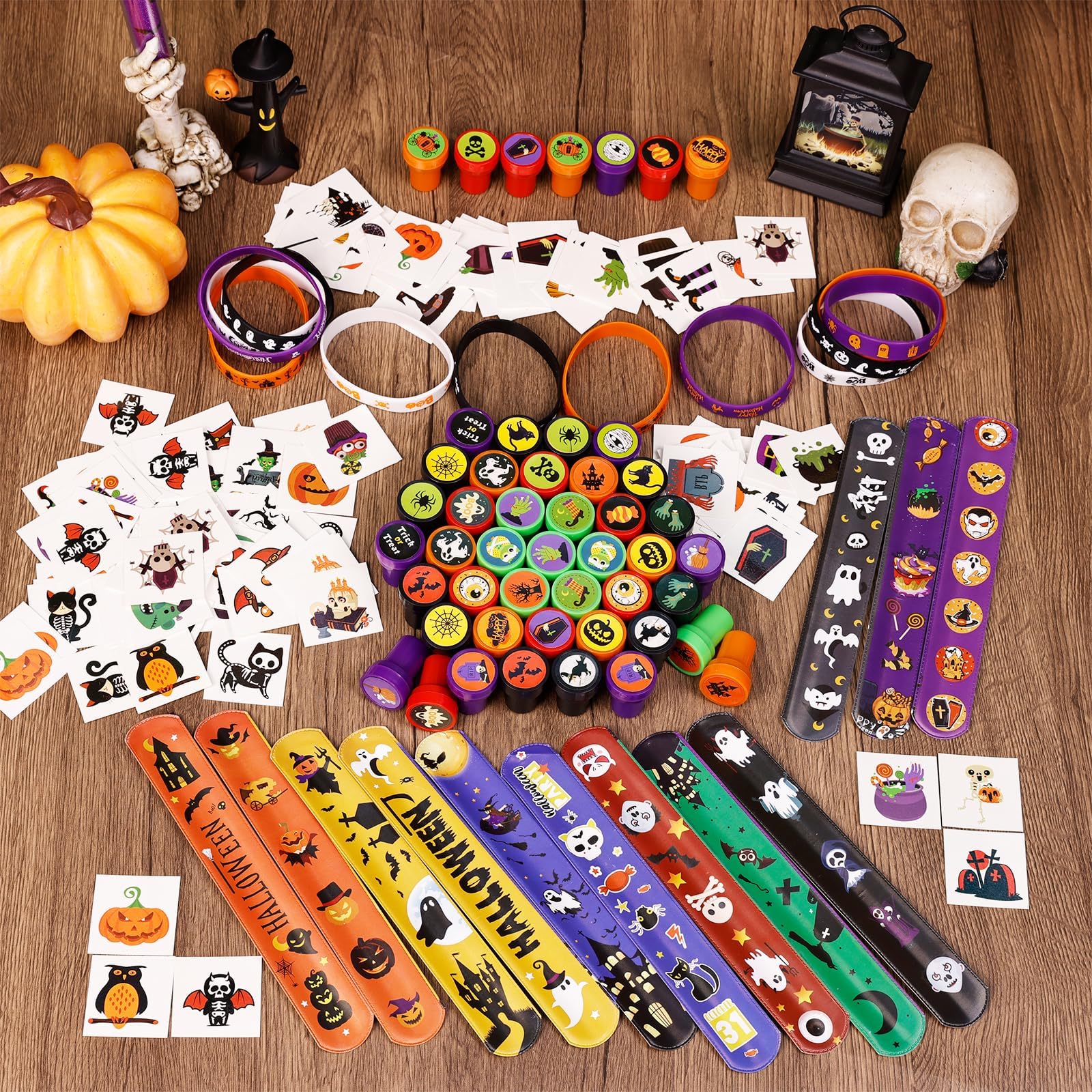 Halloween Party Favors for Kids Toys 264pcs Halloween Prizes Bulk for Kids, Halloween Goody Bag Fillers including Stamper Tattoos Slap Bracelets Rubber Bracelets Treats Non Candy Party Supplies