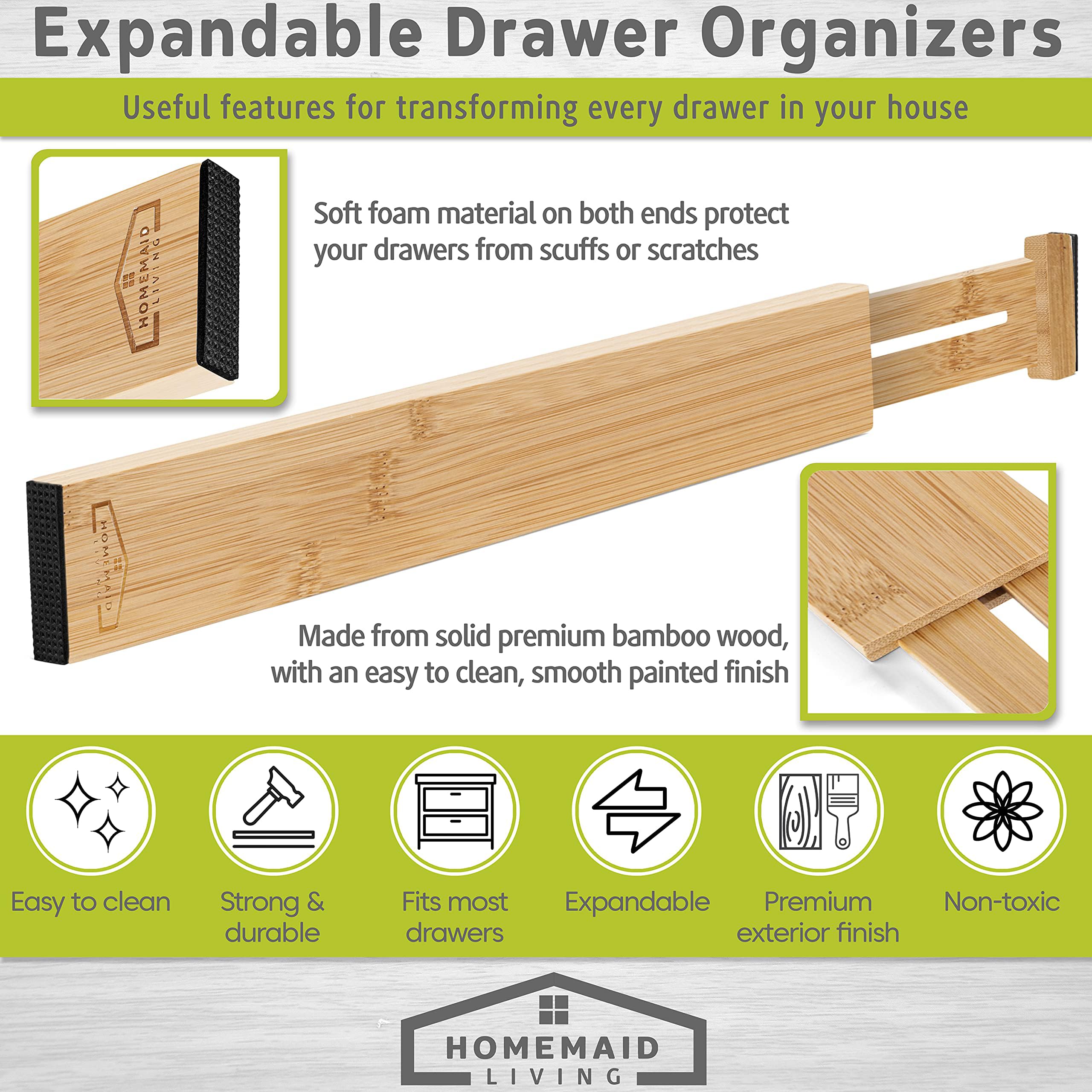 Homemaid Living Bamboo Drawer Dividers Adjustable & Expandable, Kitchen Drawer Organizer, Ideal for Silverware Drawer Organizer, Dresser Drawer Organizer or Bedroom & Bathroom Drawer Organizer (8pk)