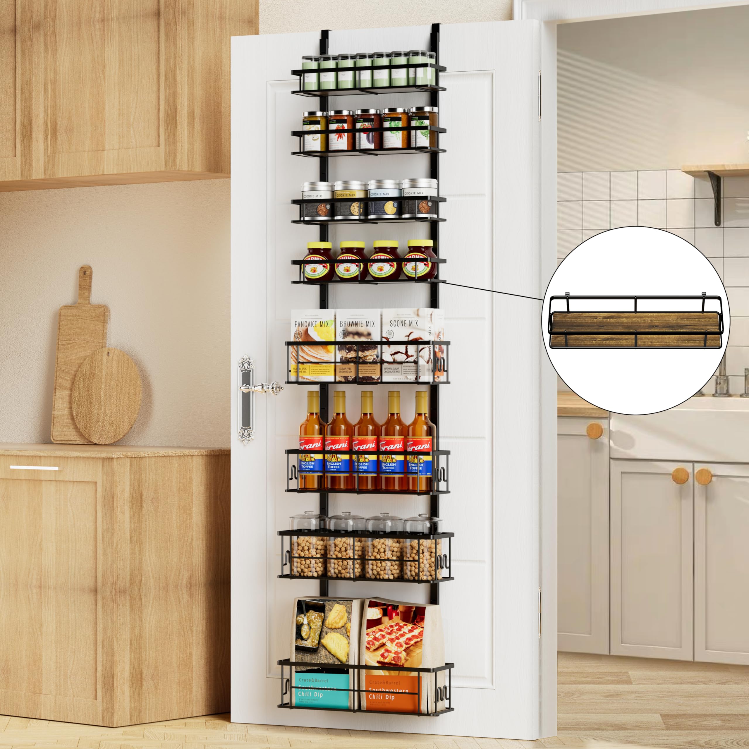 Highpro Over the Door Spice Rack Organizer Pantry, 8-Tier Hanging Pantry Door Storage with Detachable Metal Baskets & Wooden Boards for Kitchen, Bathroom, and Closet Organization