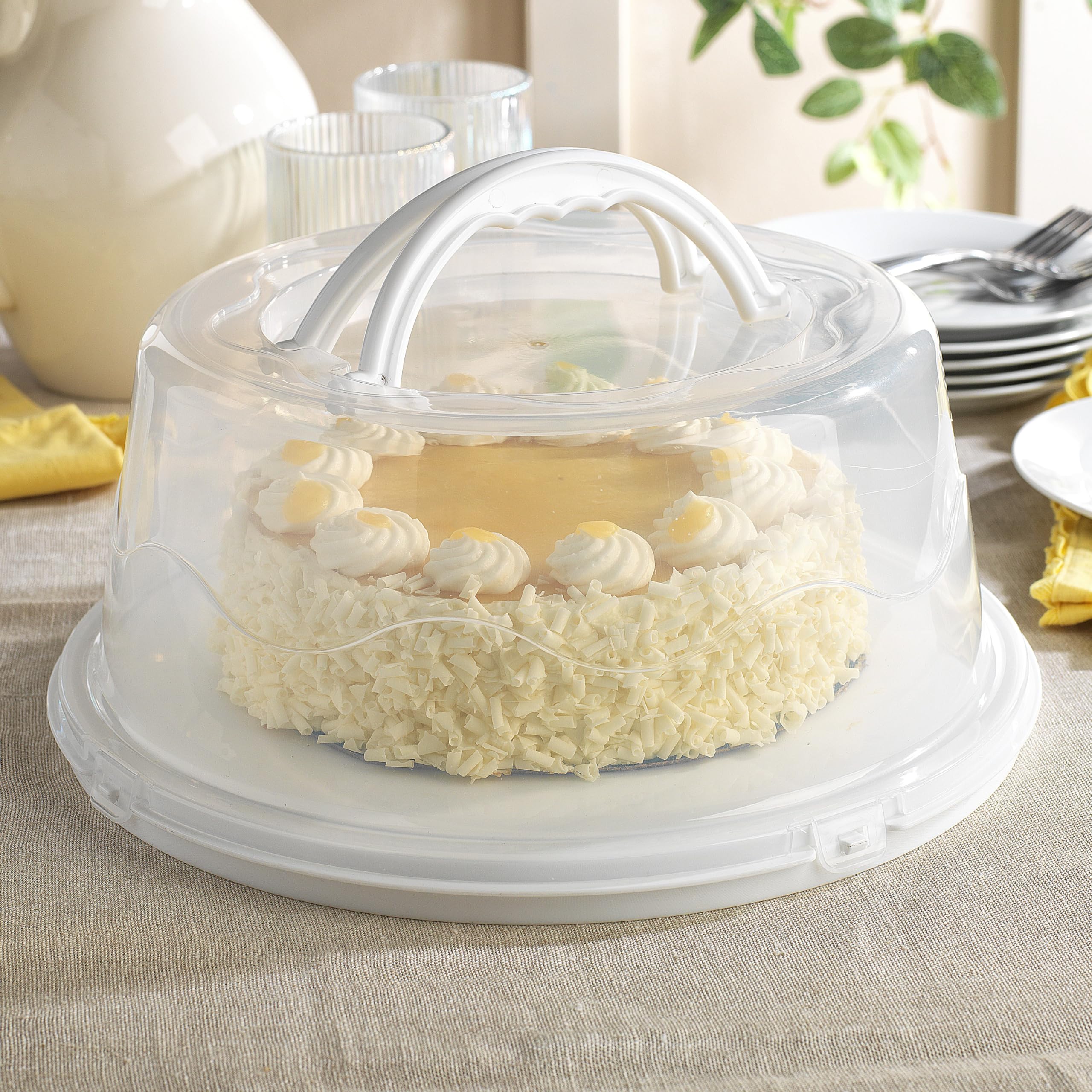 MosJos Round Cake Carrier, BPA-Free Plastic Cake Keeper with Lid, Fits 10” Cakes, Two Secure Side Closures, Dishwasher Safe Cake Transport Container (White -)