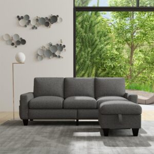 Sectional Sofa L-Shaped Couch, Couches for Living Room with Reversible Storage Chaise & Side Storage Pockets, 3-Seat Linen Modular Sofa for Living Room/Apartment/Dorm/Office/Small Space (Dark Gray)