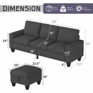 Sectional Sofa L-Shaped Couch, Couches for Living Room with Reversible Storage Chaise & Side Storage Pockets, 3-Seat Linen Modular Sofa for Living Room/Apartment/Dorm/Office/Small Space (Dark Gray)