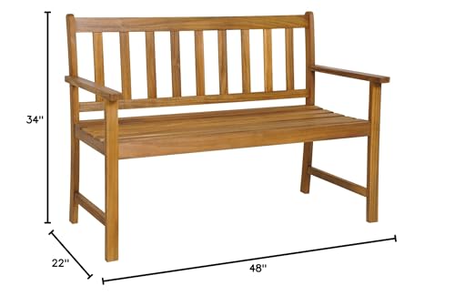 HAPPYGRILL Patio Wood Bench with Ergonomic Backrest & Armrests, 2-Person Outdoor Bench, All-Weather Acacia Wood Frame, Loveseat Outside Bench for Garden Balcony Poolside Porch Deck