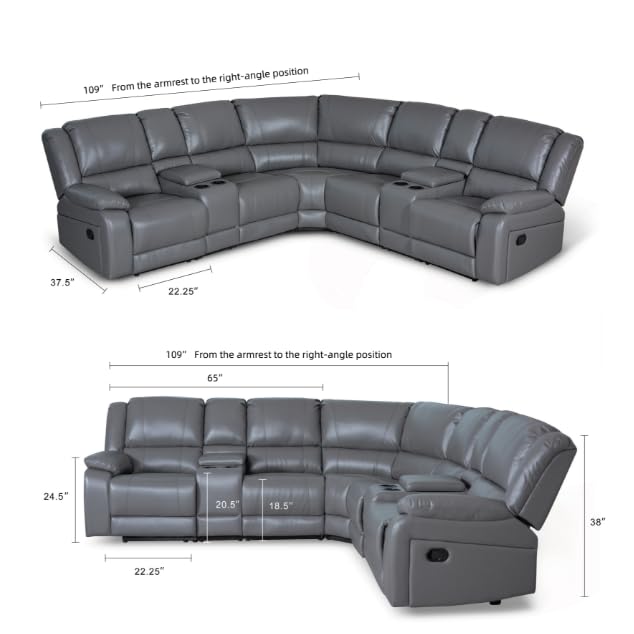 UR livingroom Modular Sectional Sofa PU Leather Manual Recliner Sofa Symmetrical Sectional Couches for Living Room Livingroom Furniture Sets, Grey